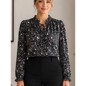 Bar III Gray Leopard Print Blouse M Ruffle‎ Neck Tie Front Long Sleeve Top